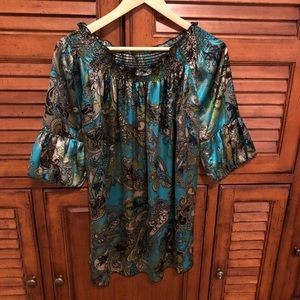 Black, Green, and Tan Silky Paisley Top - Size Medium